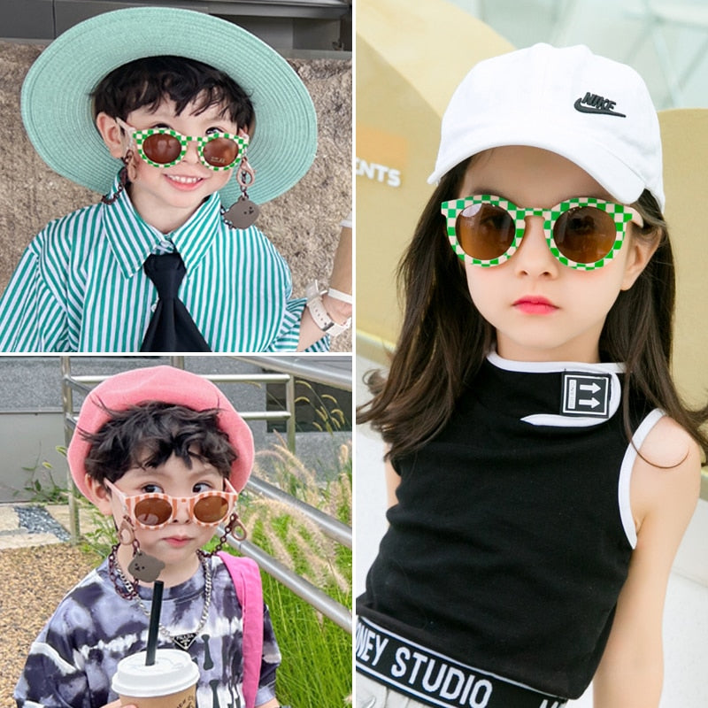 Luxeyeglass Baby Outdoor Sun UV Protection Round Kids Sunglasses With Cute Checker Pattern